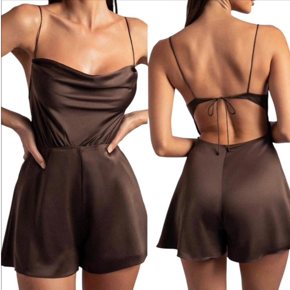 Meshki Kelsey Cowl Neck Playsuit In Chocolate Size Medium